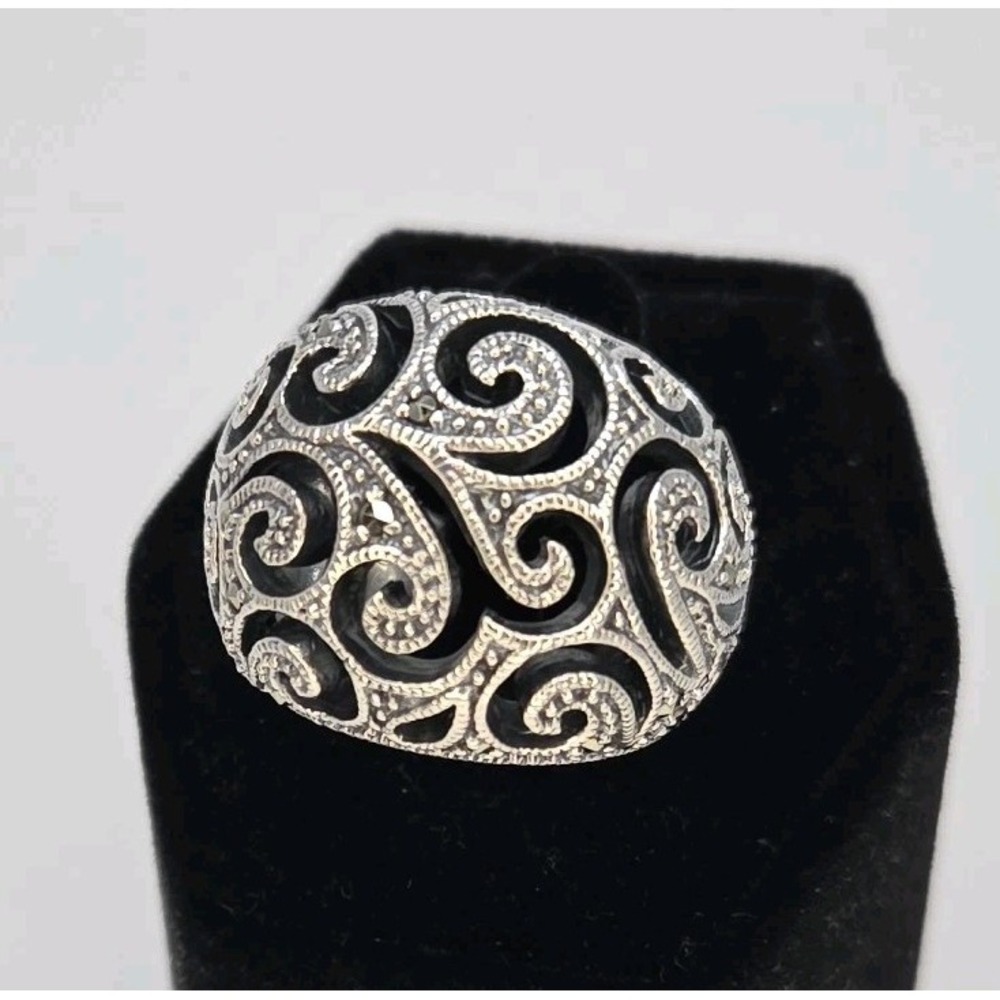 Marcasite Dome Sterling Silver Filigree Ring‎ Sz 5 - Picture 3 of 6